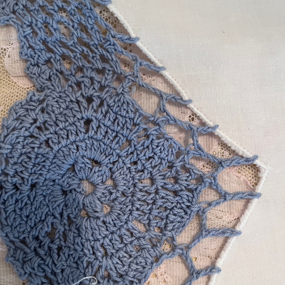 Elegant Blue Crochet Lace curtain panels bright white crisp cotton